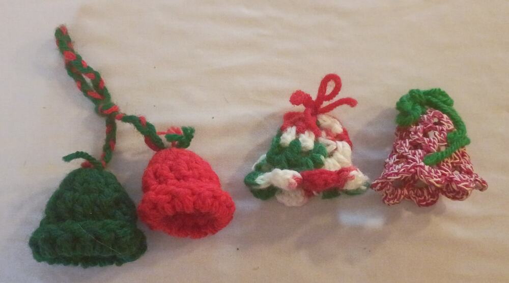 Lot of 4 Crochet Handmade Jingle Bell Christmas Holiday Tree Ornaments
